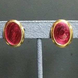 Oval Clip Earrings Maroon Purple Enamel Swirl Gold Retro BoHo Classic Granny
